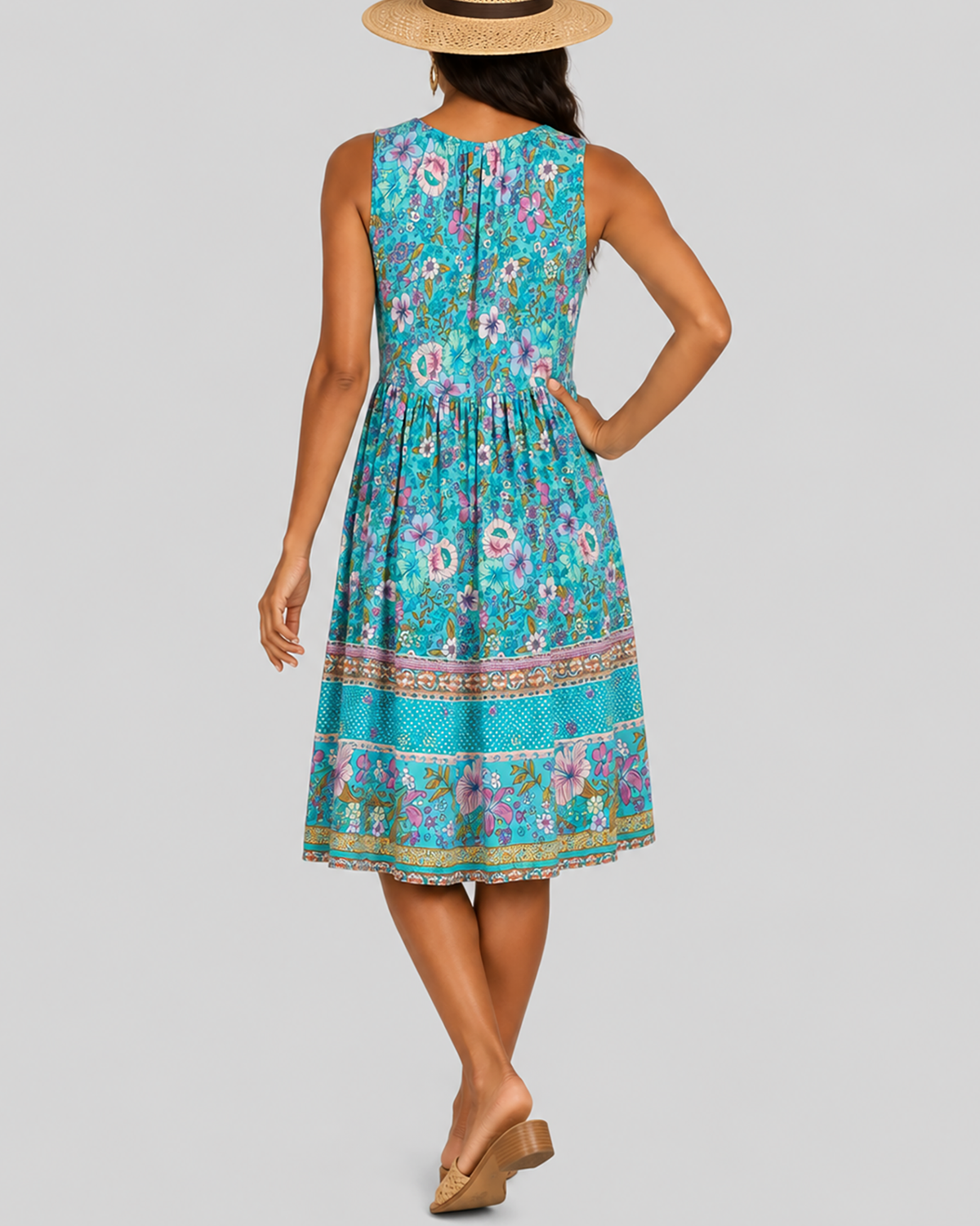 Women's Fashion Ethnic Style Blue Printed V-Neck Open Front Sleeveless Dress