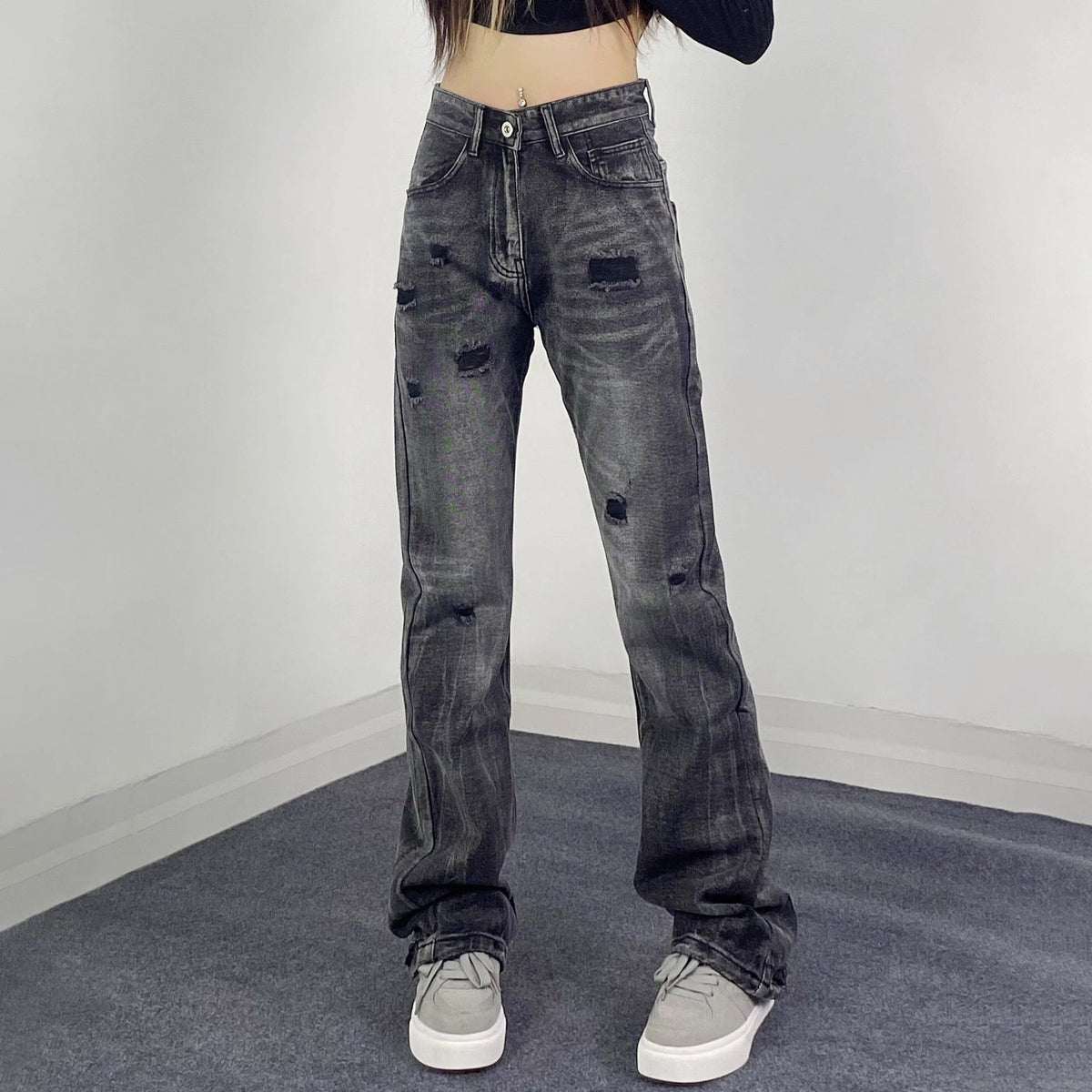 Street Style Retro Ripped Jeans for Women,INS Retro Fitted Slimming Flared Casual Pants