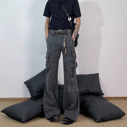 Retro Deconstructed Multi-Pocket Flared Cargo Pants for Men, Cool Streetwear Brand, Loose Clean Fit Straight Leg Casual Pants