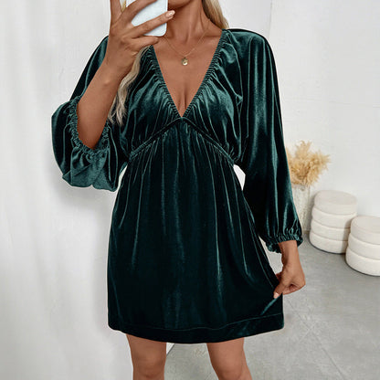 Loose lantern sleeve V-neck velvet dress