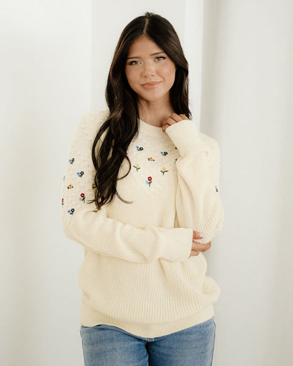 Gemma Mixed Texture Knit Flower Embroidered Detail Casual Sweater