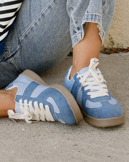Eliana Blue Two Tone Suede Patched Lace Up Sneakers