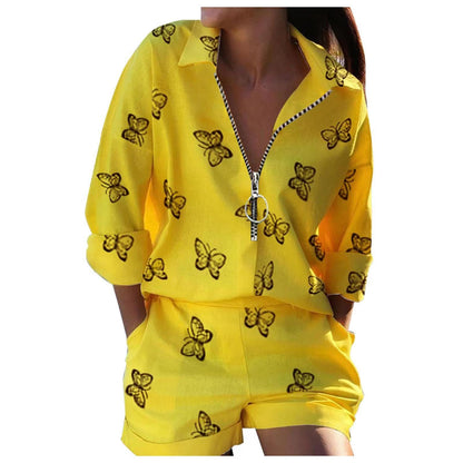 Fashionable Spring Women's Two-Piece Set with Long Sleeve Printed Zip-Up Top and Shorts