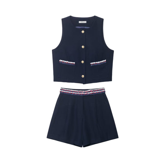 Fancy trimmed vest+shorts set