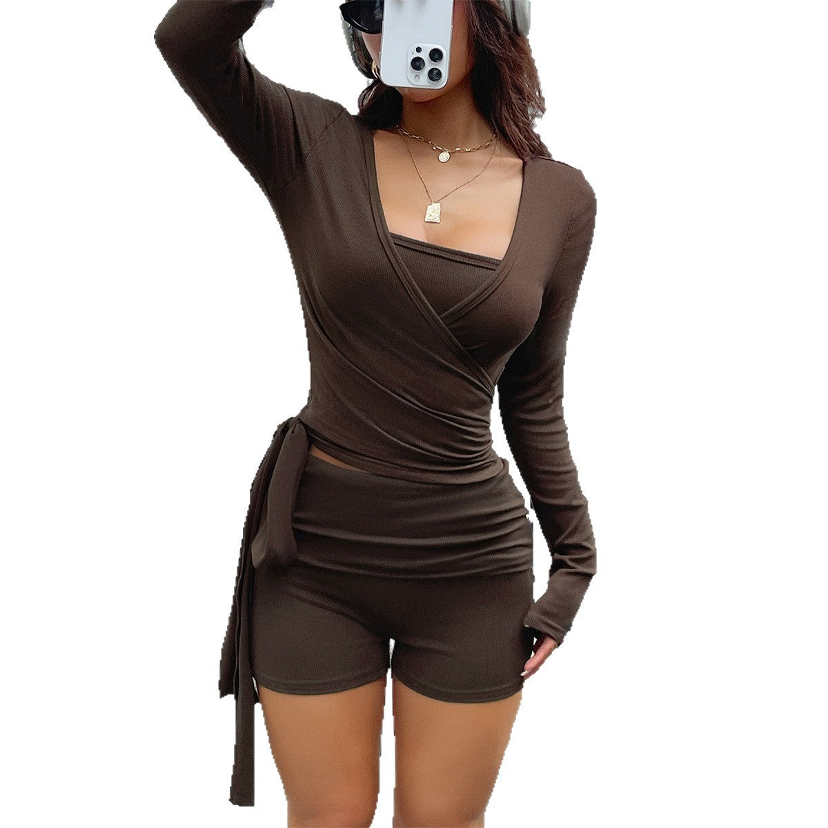 Solid color lace up long sleeved T-shirt shorts set