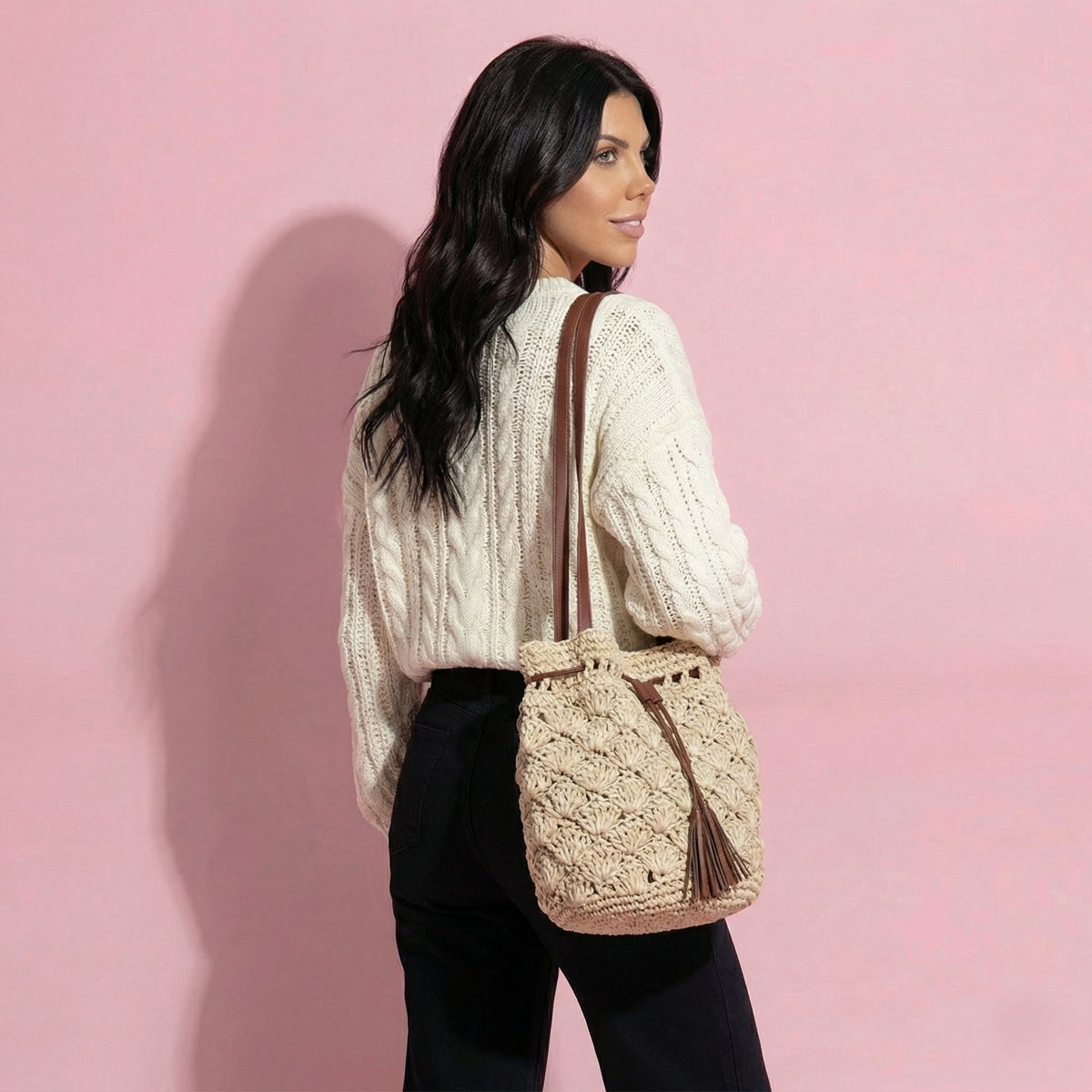 Anna-Kaci Women's Rustic Straw Shoulder Bag with Leather Accents
