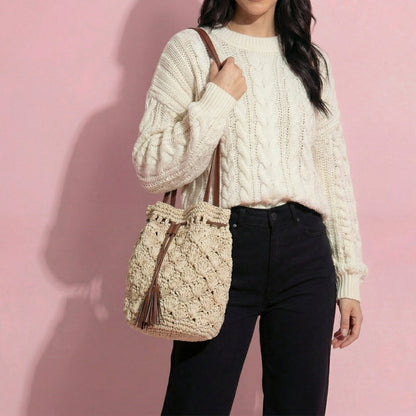 Anna-Kaci Women's Rustic Straw Shoulder Bag with Leather Accents