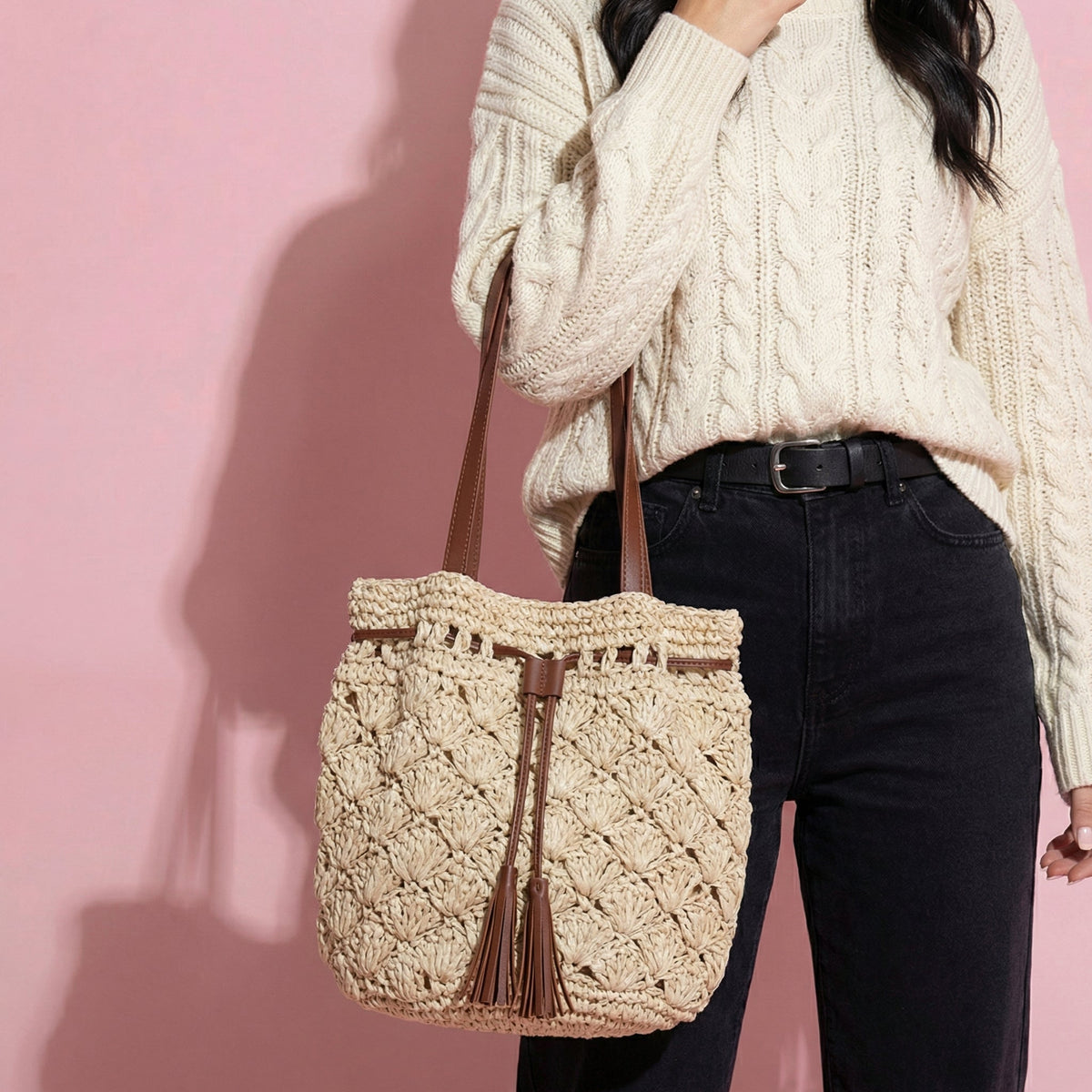 Anna-Kaci Women's Rustic Straw Shoulder Bag with Leather Accents