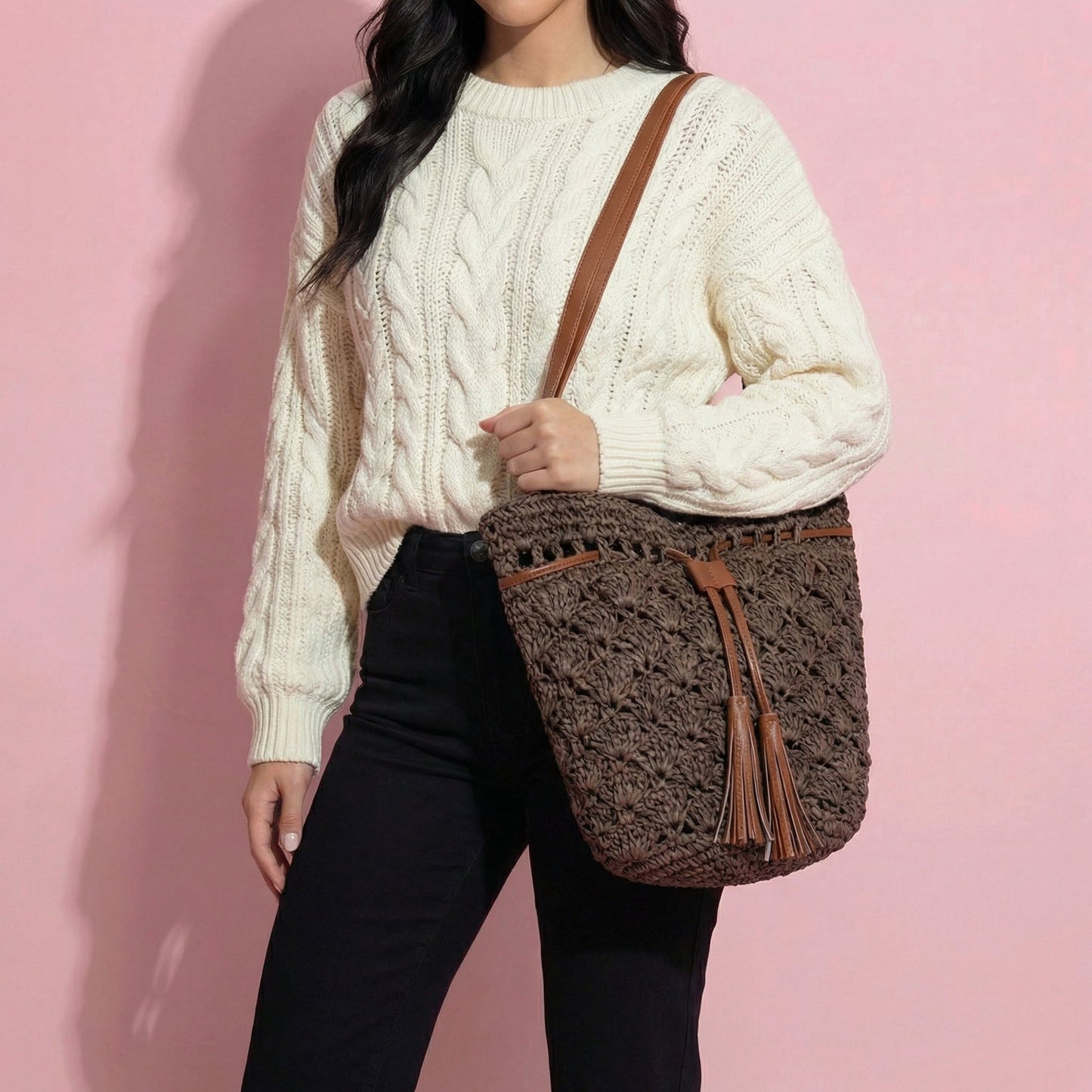 Anna-Kaci Women's Rustic Straw Shoulder Bag with Leather Accents