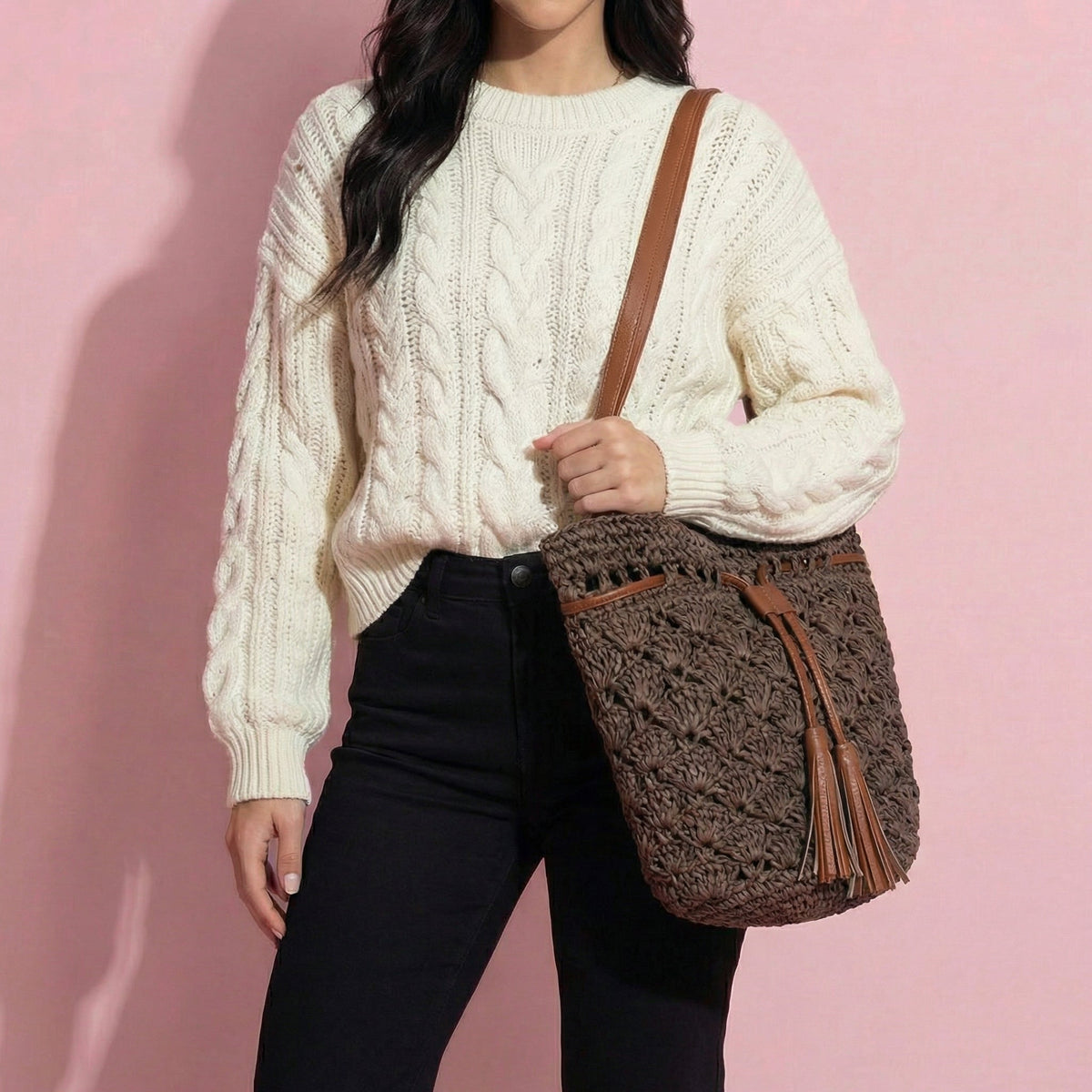 Anna-Kaci Women's Rustic Straw Shoulder Bag with Leather Accents