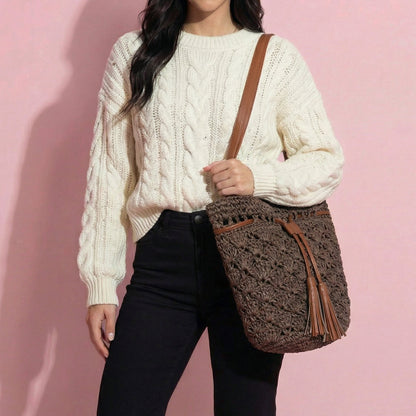 Anna-Kaci Women's Rustic Straw Shoulder Bag with Leather Accents