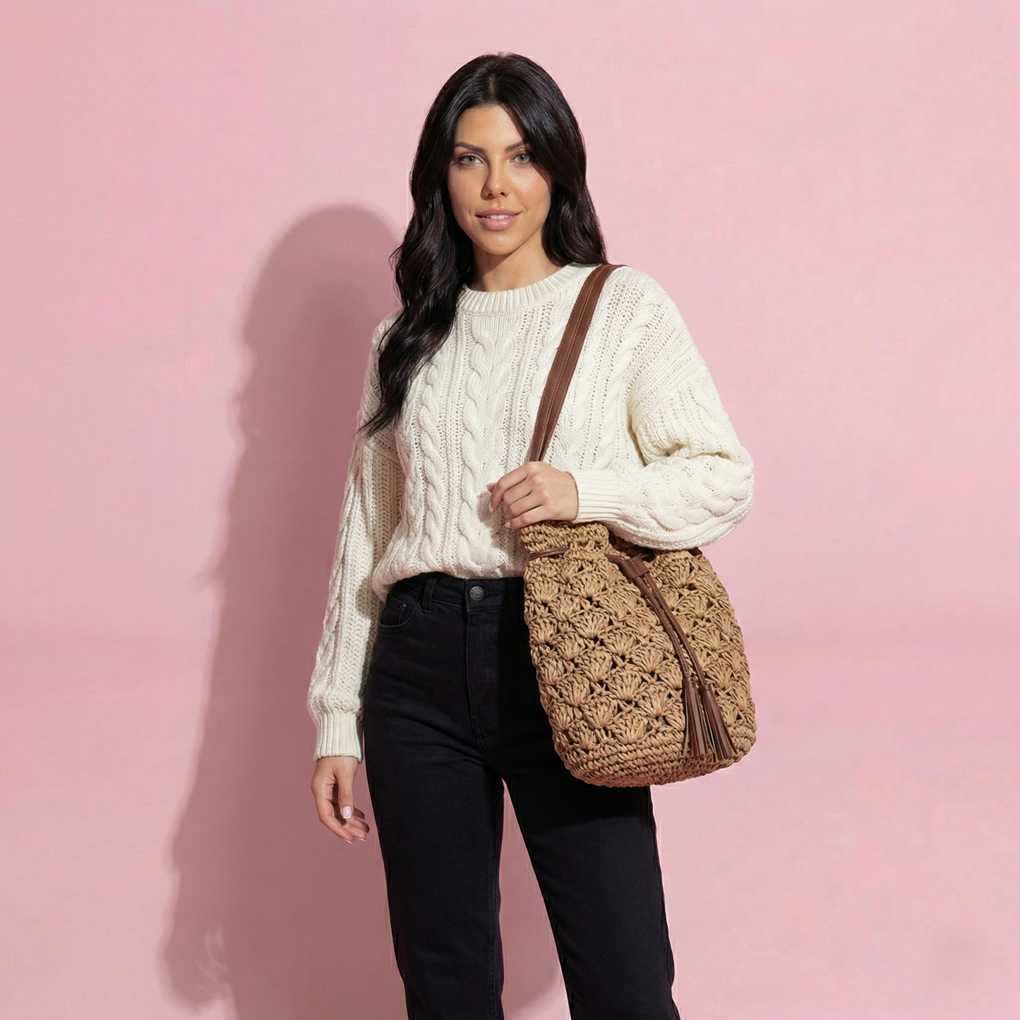 Anna-Kaci Women's Rustic Straw Shoulder Bag with Leather Accents