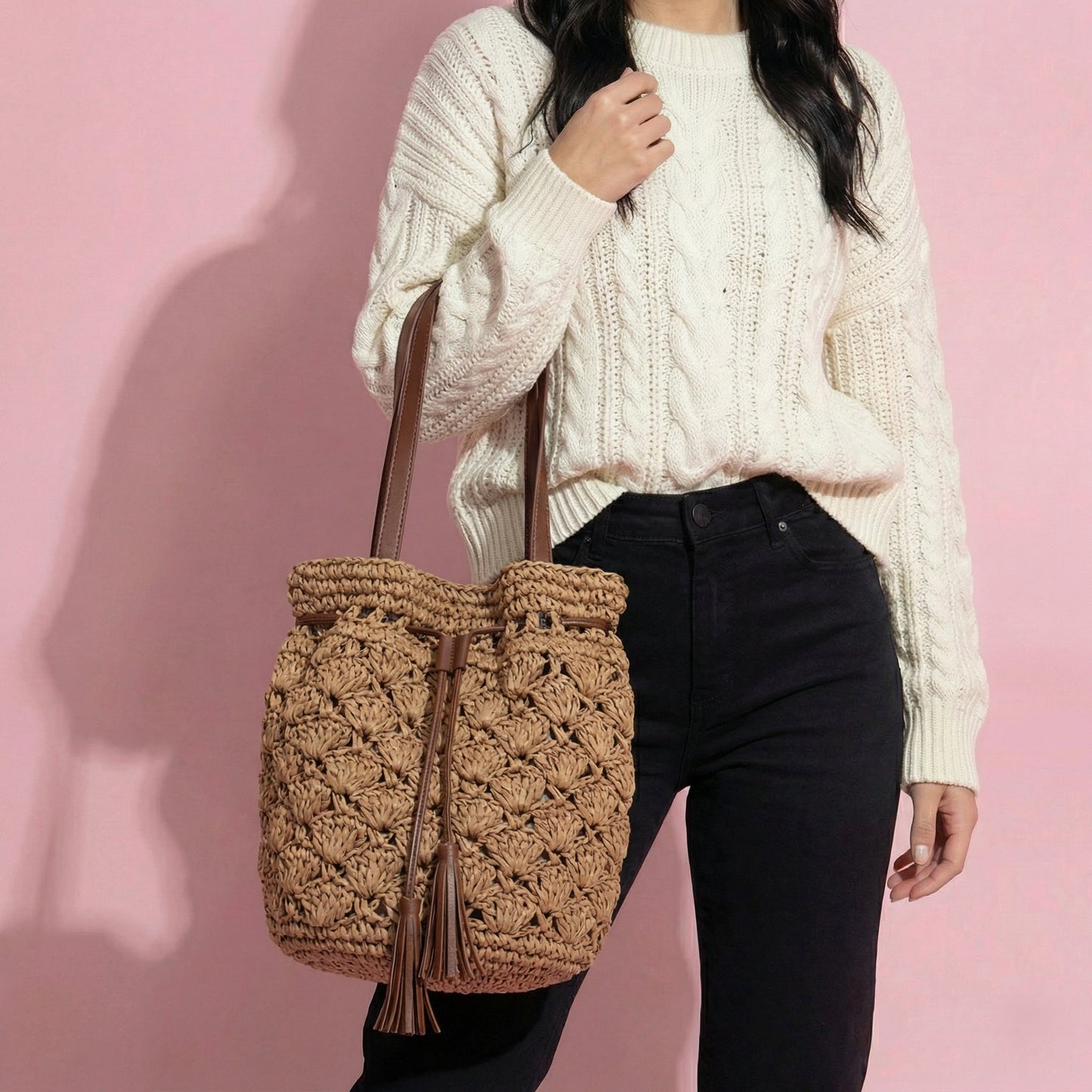 Anna-Kaci Women's Rustic Straw Shoulder Bag with Leather Accents