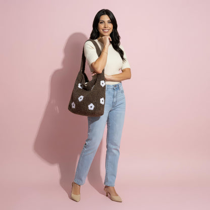 Anna-Kaci Women's Floral Applique Felt Hobo Shoulder Bag with Soft Structured Body and Top Handle
