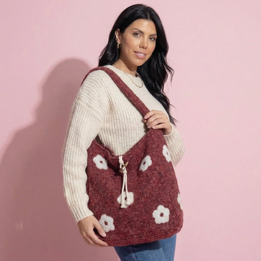 Anna-Kaci Women's Floral Applique Felt Hobo Shoulder Bag with Soft Structured Body and Top Handle