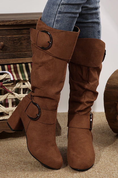 Threaded Pear Suede Double Buckled Side Zipped Mid-calf Boots