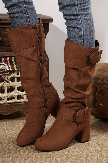 Threaded Pear Suede Double Buckled Side Zipped Mid-calf Boots