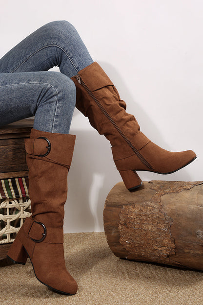 Threaded Pear Suede Double Buckled Side Zipped Mid-calf Boots