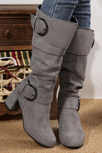 Threaded Pear Suede Double Buckled Side Zipped Mid-calf Boots