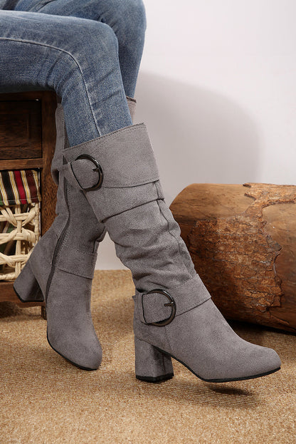 Threaded Pear Suede Double Buckled Side Zipped Mid-calf Boots