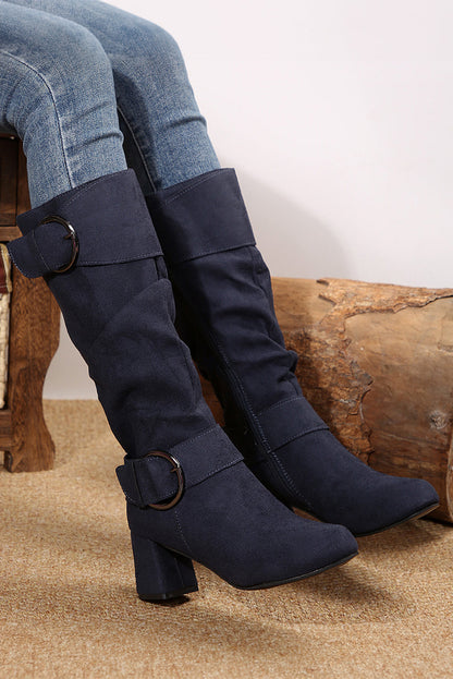 Threaded Pear Suede Double Buckled Side Zipped Mid-calf Boots