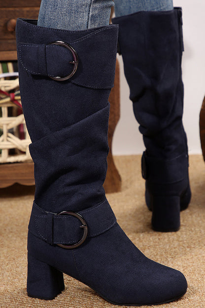 Threaded Pear Suede Double Buckled Side Zipped Mid-calf Boots