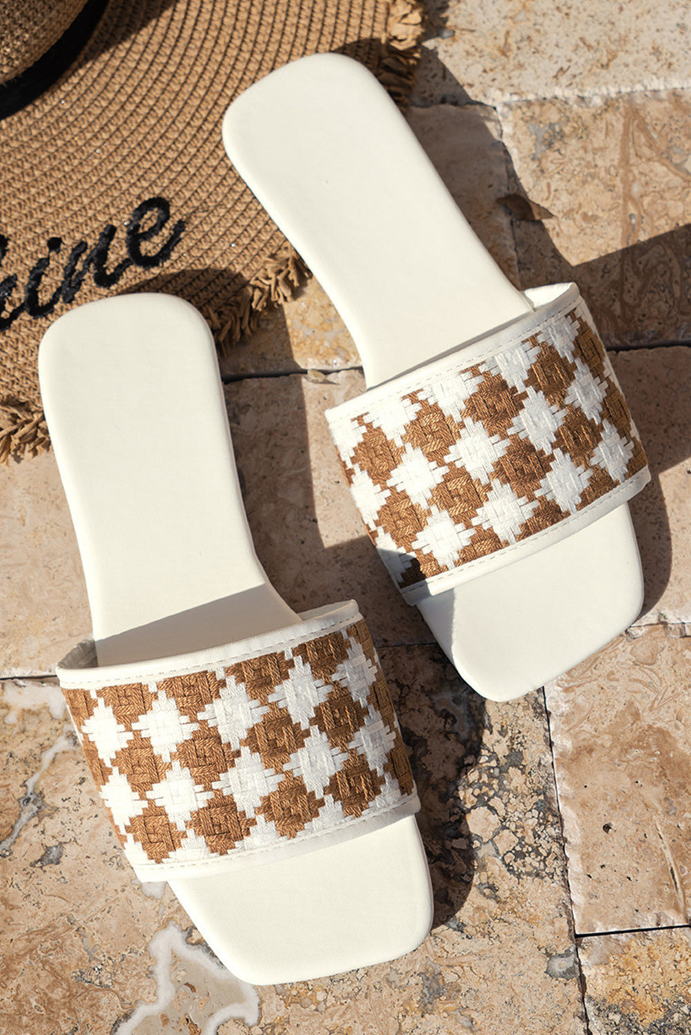 Threaded Pear Woven Plaid Square Toe Flat Sandals