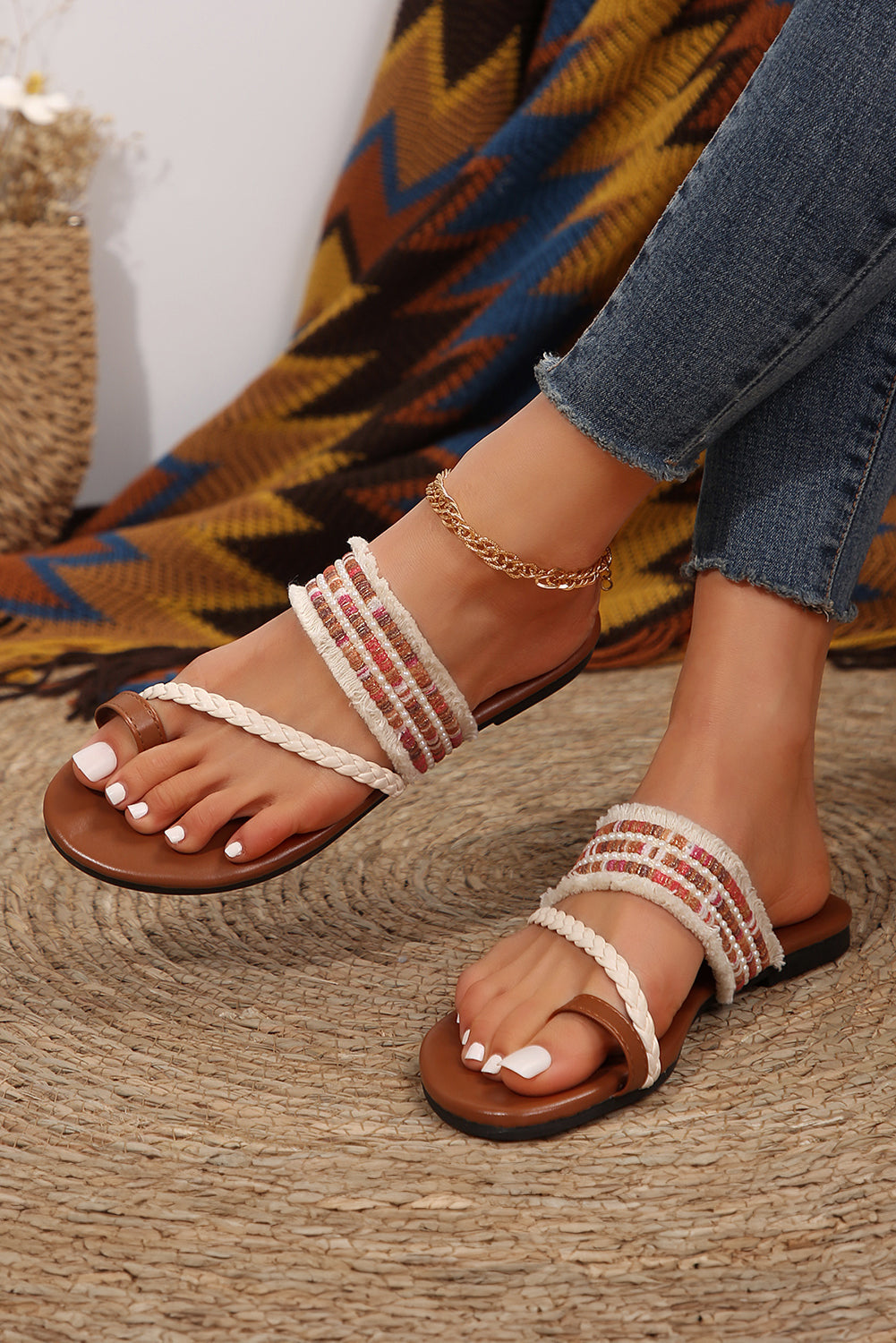Threaded Pear Beaded Embroidered Braided Strap Thong Sandals
