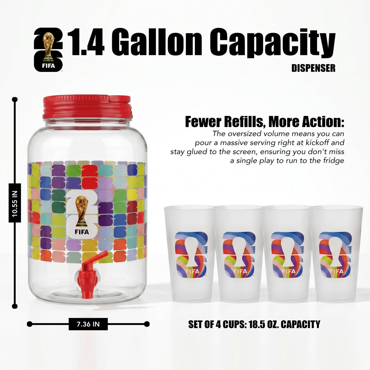 FIFA 1.4 Gal Beverage Dispenser with Red Handle & 4 Plastic Cups 18.5 OZ.