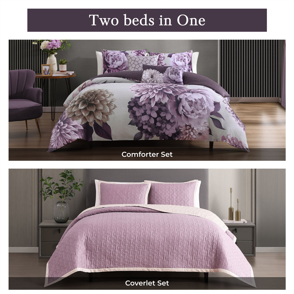 Bebejan Plum Petal 8 Piece Reversible Comforter & Coverlet Set