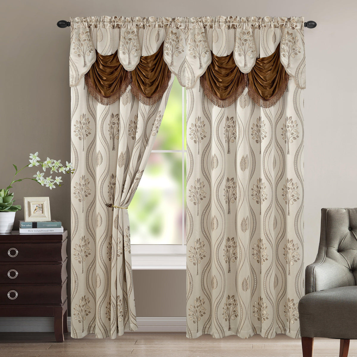Elegant Comfort Set of 2 Aurora Curtain Panels- Attached Valance - Rod Pocket- 54" W x 84" L