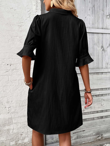 ✨Hot Sale-Womens Casual Shirt Dress Ruffle Sleeve Solid Color Button Down