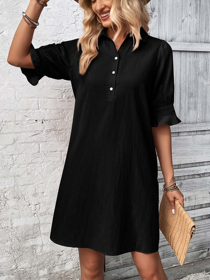 ✨Hot Sale-Womens Casual Shirt Dress Ruffle Sleeve Solid Color Button Down