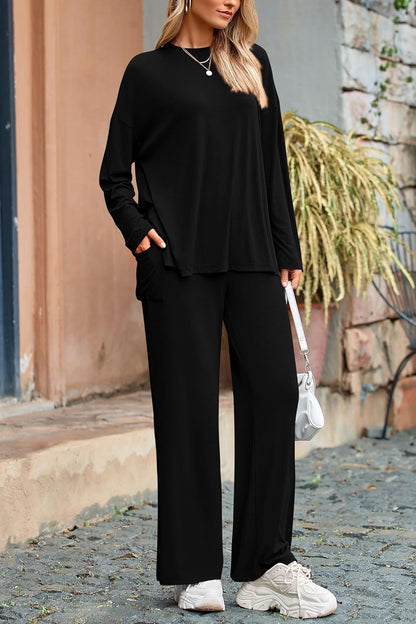 ✨Women's Matching Long Sleeve Shirts Wide Leg Pants Two Piece Lounge Sets