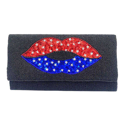 American USA Flag Lips Seed Beaded Clutch Crossbody Bag