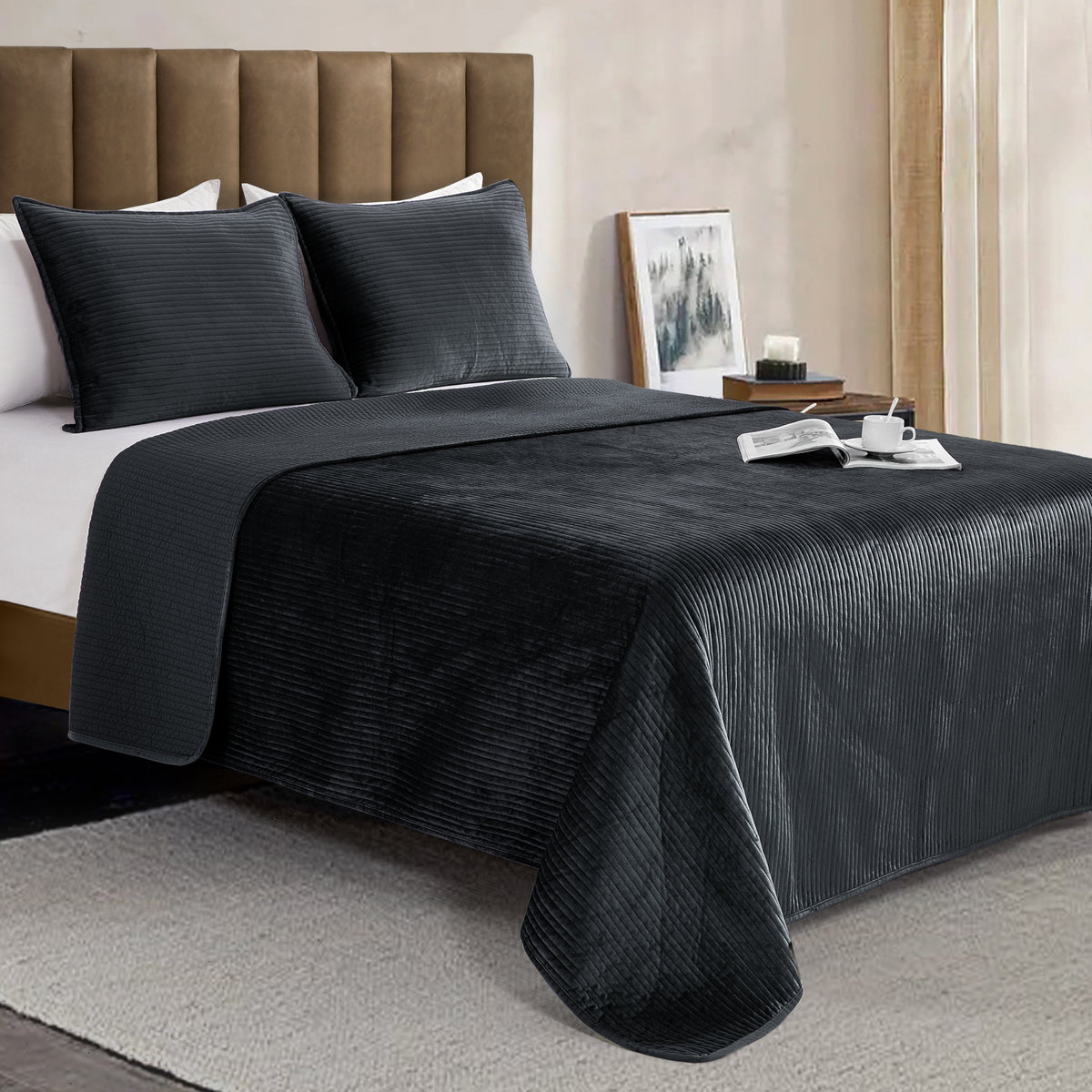 Elegant Comfort 3-Piece Velvet Corduroy Stripe Quilted Bedspread Coverlet Set