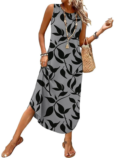 Women's Sleeveless Print Maxi Dress with Pockets