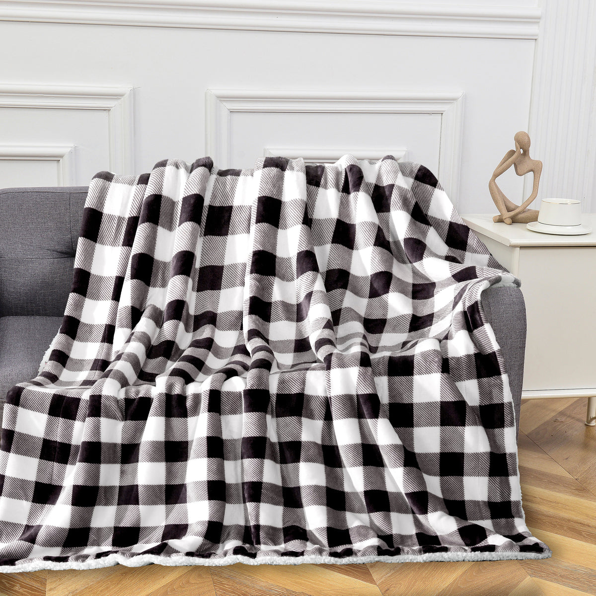 Elegant Comfort Buffalo Plaid Flannel Fleece Sherpa Throw Blanket