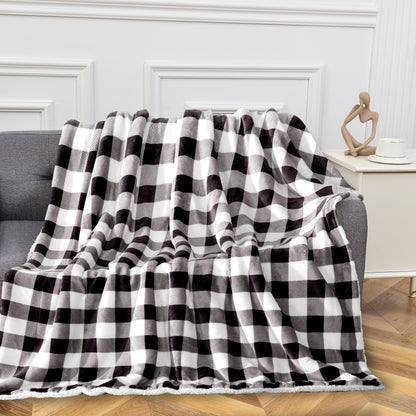 Elegant Comfort Buffalo Plaid Flannel Fleece Sherpa Throw Blanket