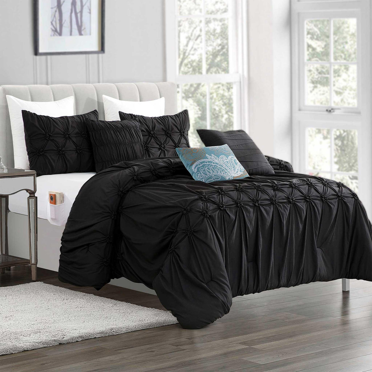 Elegant Comfort 12-Piece Ella Pleated Ruched Pintuck Comforter Set, Includes 6-Piece Sheet Set with Double Sided Storage Pockets