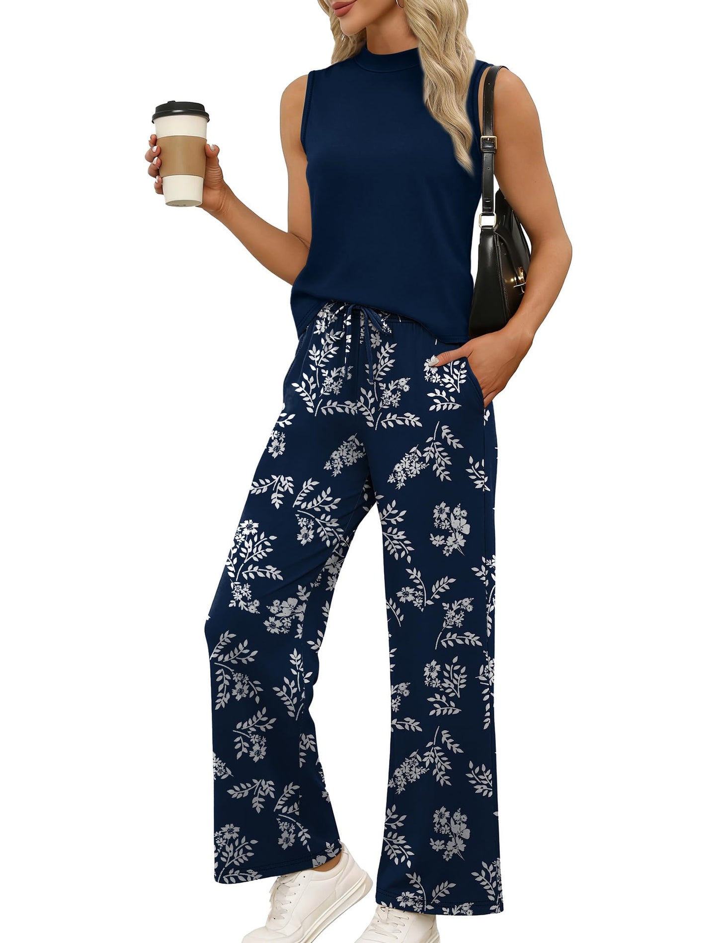 Women's Mock Neck Tank & Floral Wide Leg Pants Set