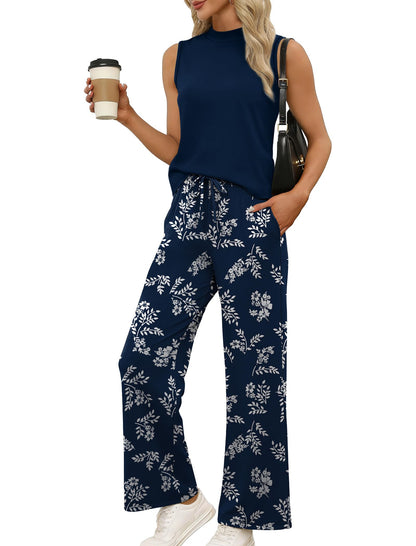 Women's Mock Neck Tank & Floral Wide Leg Pants Set