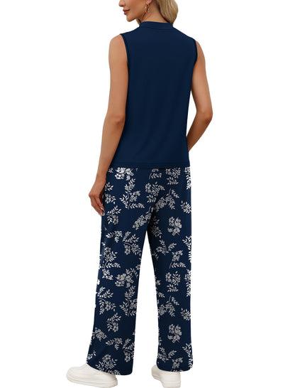Women's Mock Neck Tank & Floral Wide Leg Pants Set