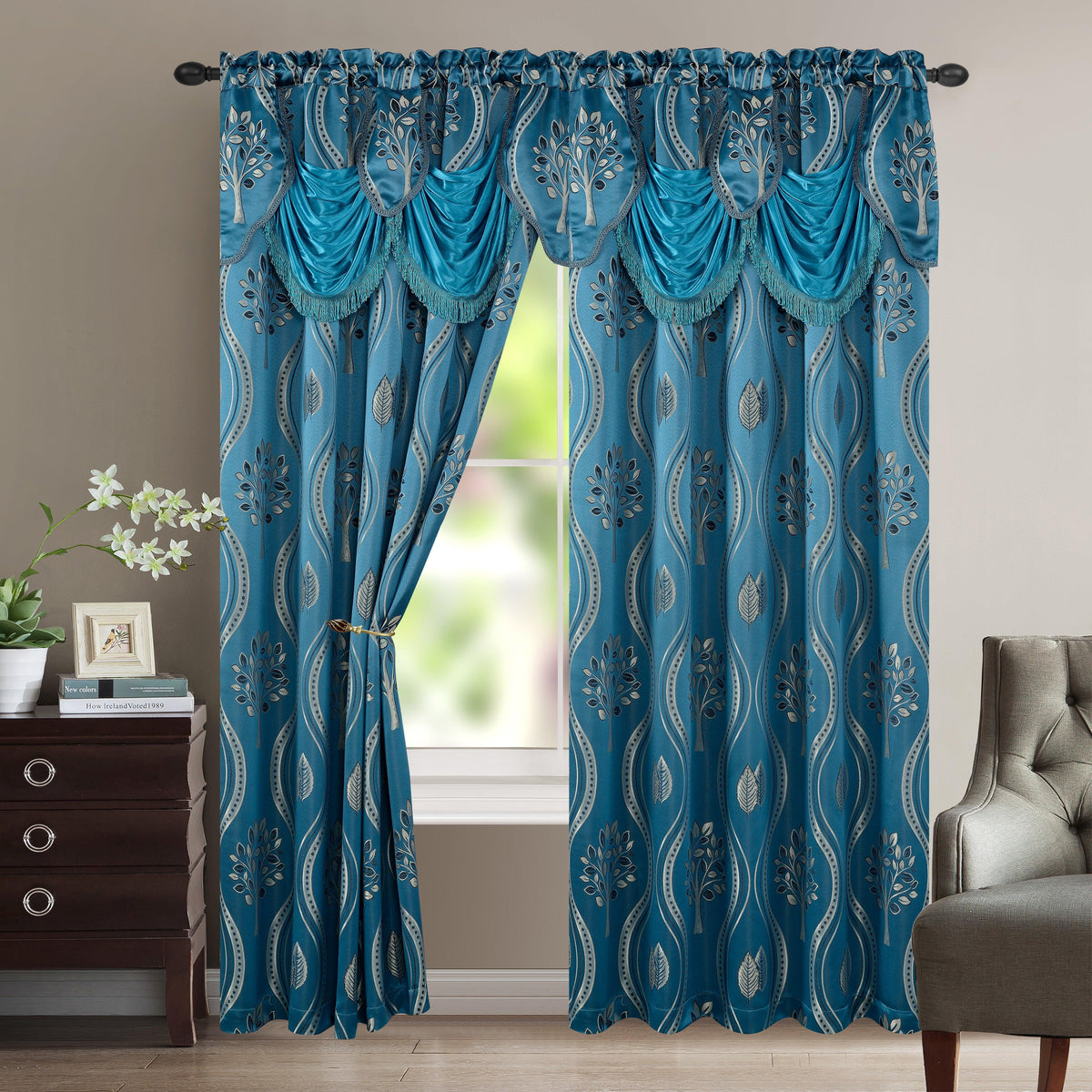 Elegant Comfort Set of 2 Aurora Curtain Panels- Attached Valance - Rod Pocket- 54" W x 84" L