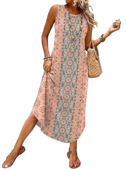 Women's Sleeveless Print Maxi Dress with Pockets