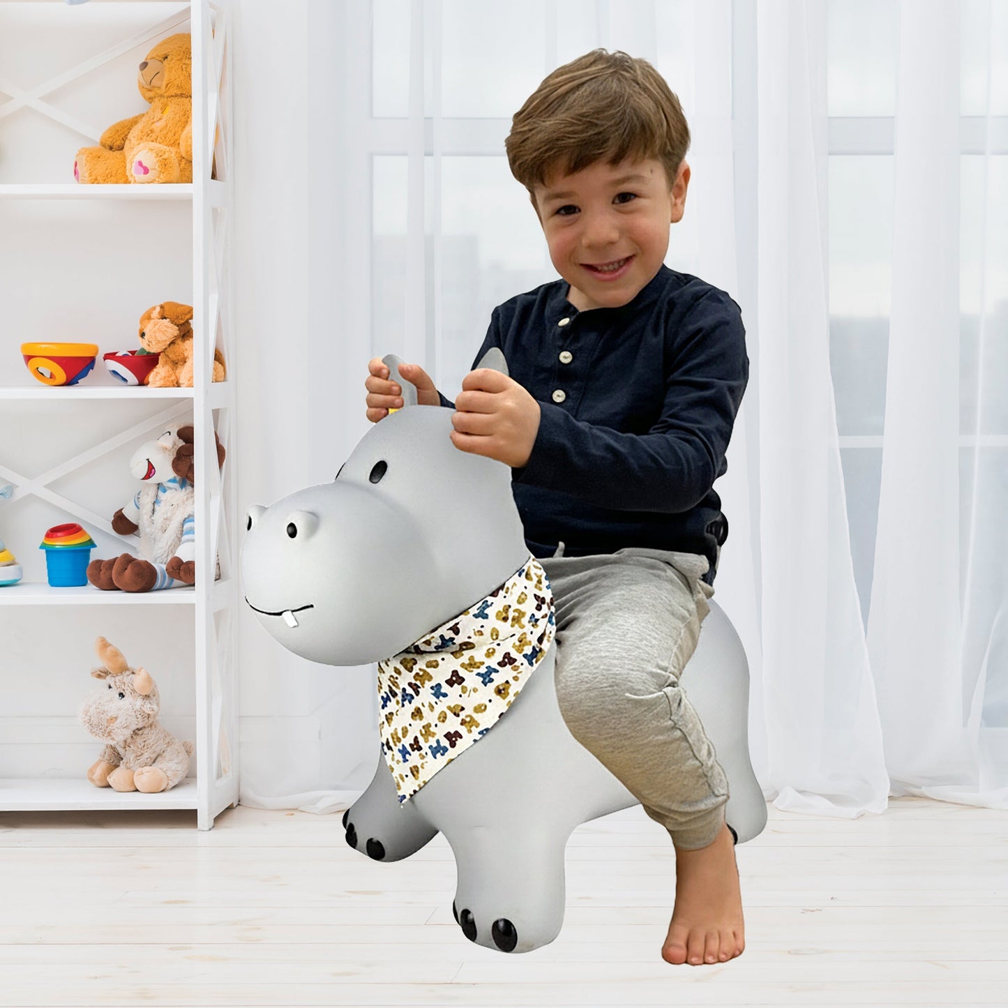 BounceZiez Inflatable Bouncy Ride-On Hopper with Pump - Gray Hippo