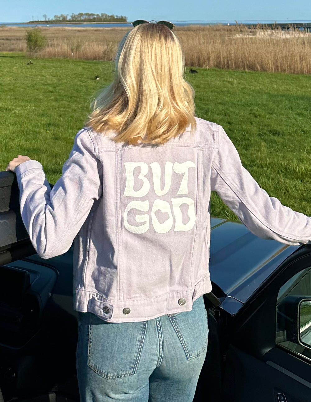 Elevated Faith But God Cropped Denim Jacket