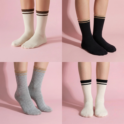 Anna-Kaci Women's 4-Pack Ribbed Crew Socks with Double Stripe Cuff Soft Stretch Fit in Neutral Tones