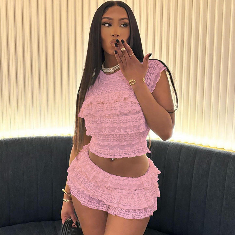 New Fashion Style Sweet and Spicy Girl Solid Color Hollow out Slim Fold Shorts Set for Women