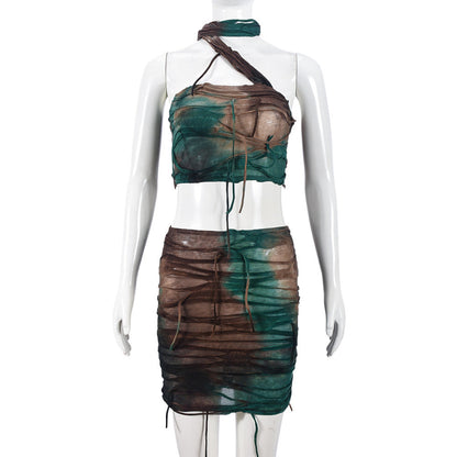 Wrap chest and wrap neck short skirt tie dye ripped tassel two-piece set sexy women's clothing